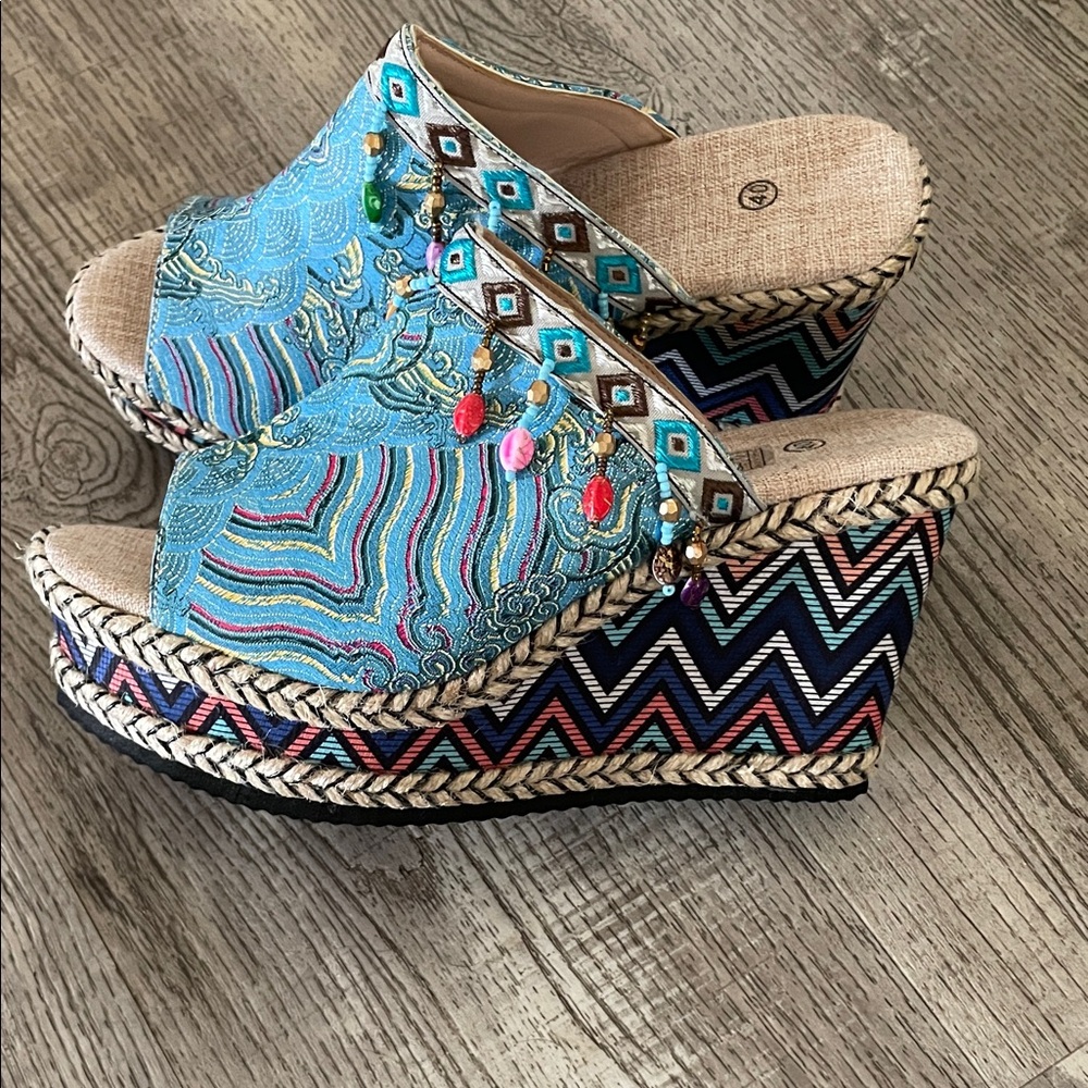Turquoise Embroidered Beaded Wedge Slide Sandals - Picture 4 of 7